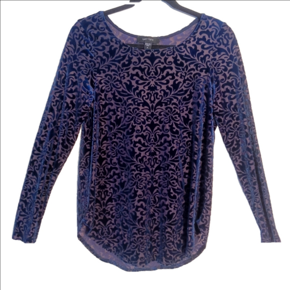 Karen Kane Top Women's Size Small Blue Velvet Burnout Top Blue Boat Neck - Picture 1 of 9